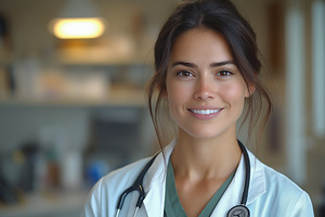 Smiling female doctor with brown hair, wearing a white coat and stethoscope, ex, a Person Photo by ImageMir