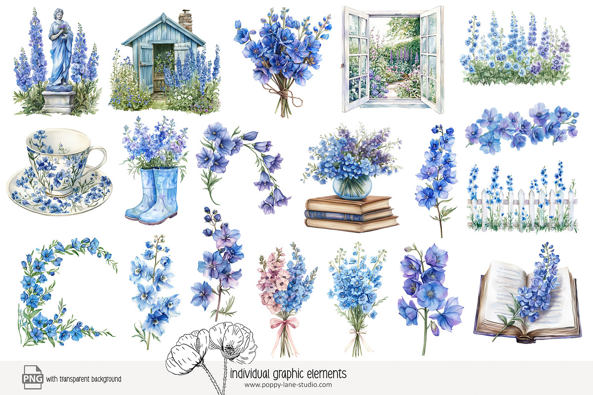 100 watercolour delphinium clip art, a Seasonal Illustration by Poppy Lane Studio (Photo 7 of 12)