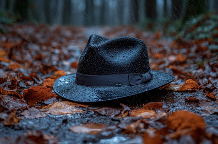 Black hat resting on wet leaves in a, a Photo by Tanuart
