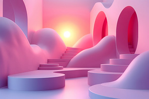 A surreal pink landscape featuring smooth curves and stairs, bat, a Background Photo by ImageMir