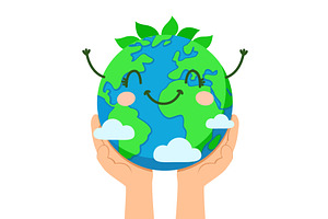 Hands holding a happy planet Earth