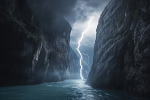 Dramatic lightning strikes between t, a Photo by Tanuart