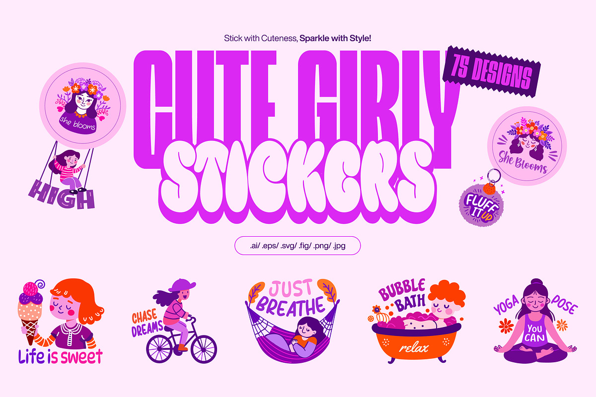 Flat Cute Girly Stickers Set, an Emoji Icon by Creative Stall (Photo 1 of 8)