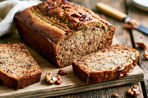 Homemade banana bread loaf with walnuts, sliced on a rustic wooden board, ready, a Photo by Studio ANNA