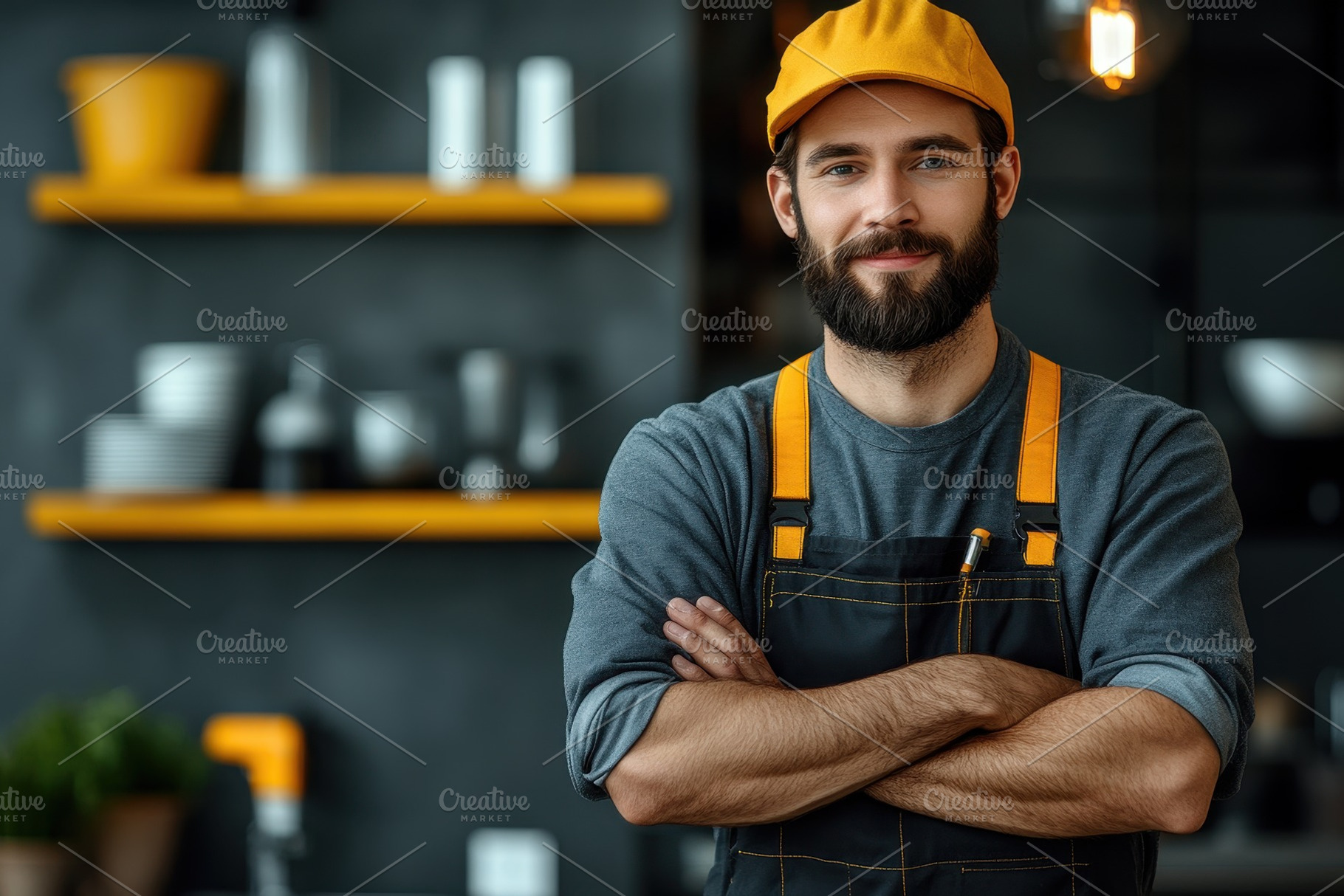 Barista stands confidently in modern, a Photo by Tanuart
