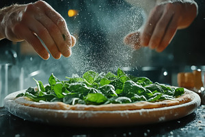 Chef sprinkles fresh spinach leaves, a Photo by Iftikhar Alam