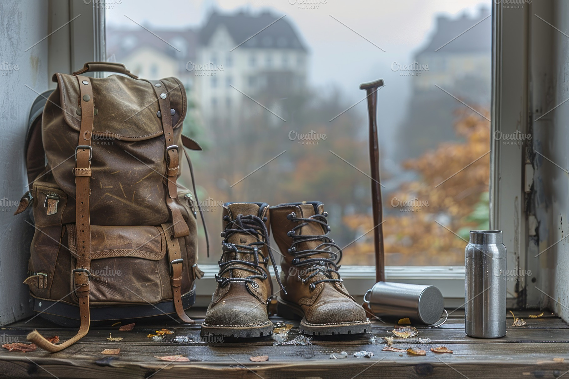 Vintage leather backpack hiking boots and trekking gear on woode, a Photo by José Manuel Gelpi