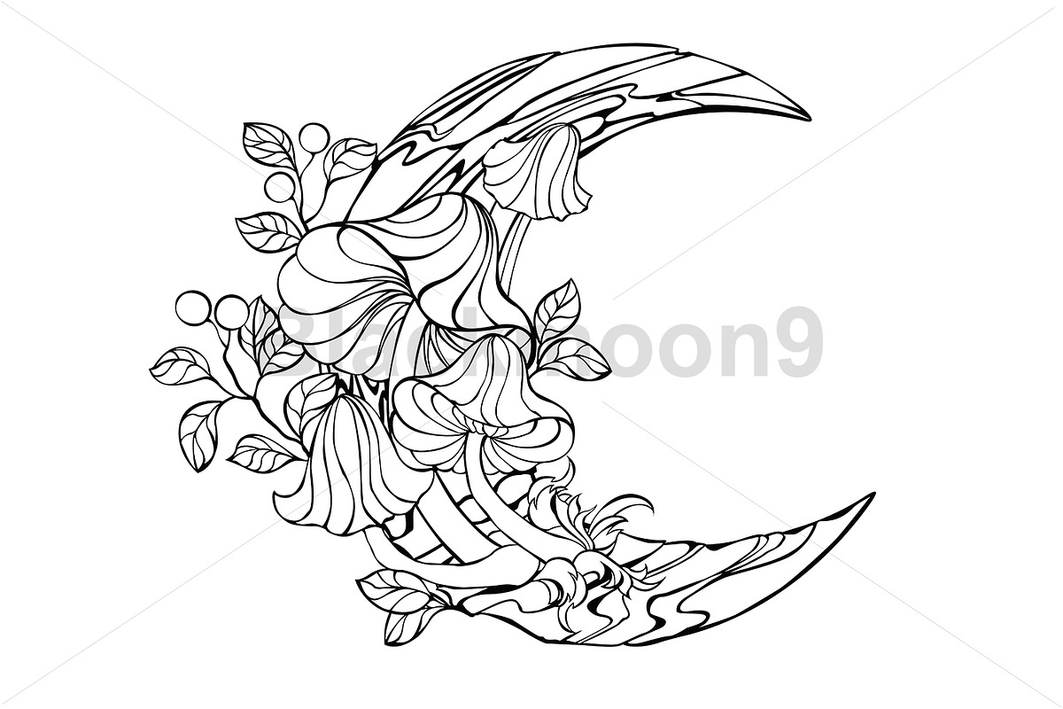 Crescent with contour mushrooms, a Decorative Illustration by blackmoon9