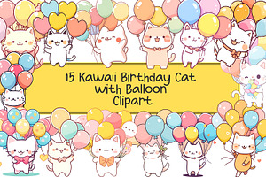15 Kawaii Birthday Cat with Balloon
