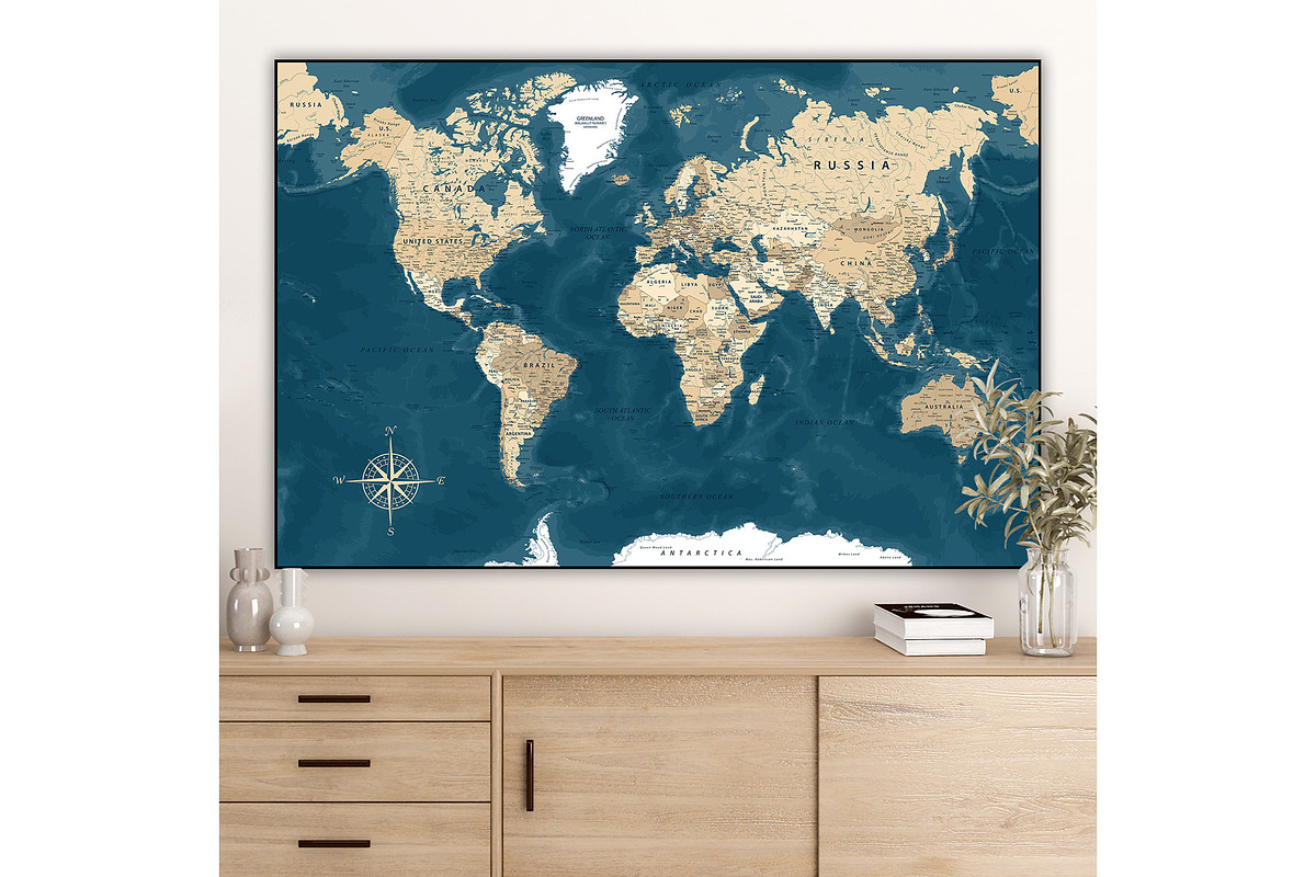 Blue World Map Highly Detailed Vector