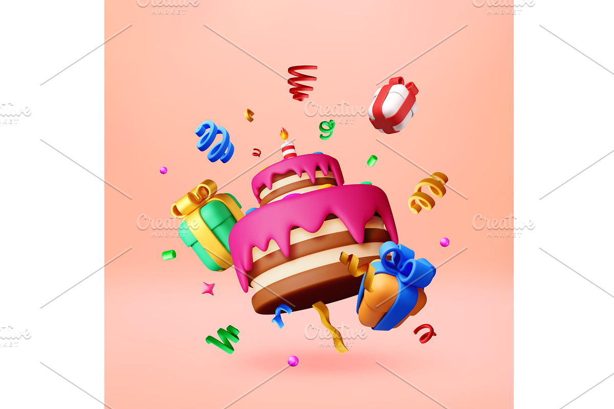 3d cartoon birthday cake with gifts, an Object Illustration by Abscent