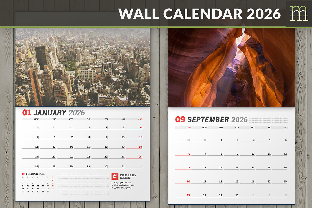 Wall Calendar 2026 (WC03726), a Stationery Template by mikhailmorosin