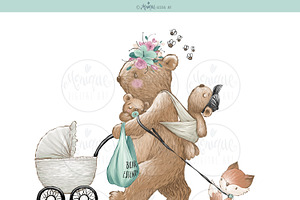 Mom Baby Clipart, Bears Hand Painted