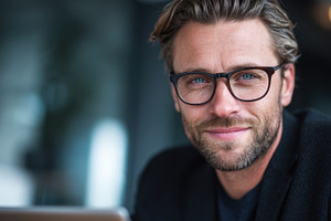 Man wearing glasses smiles at camera, a Photo by Beautiful things
