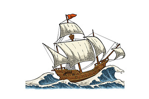 Sailing ship sails in stormy sea