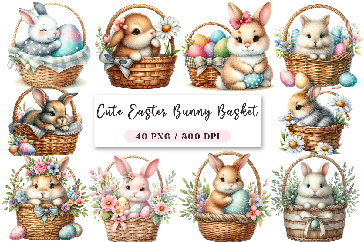 Cute Easter Bunny & Basket Clipart, an Illustration by DreamArtGraphic (Photo 1 of 4)