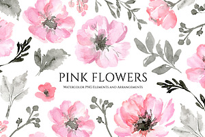 Watercolor Pink Flowers Grey Leaves