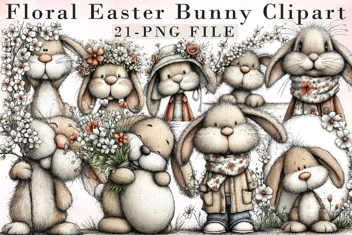 Floral Easter Bunny Clipart, an Illustration by Libby Wishes (Photo 1 of 7)