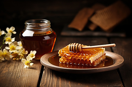 Honeycomb with honey and honey dipper on wooden background, a Food & Drink Photo by AlyaAnd