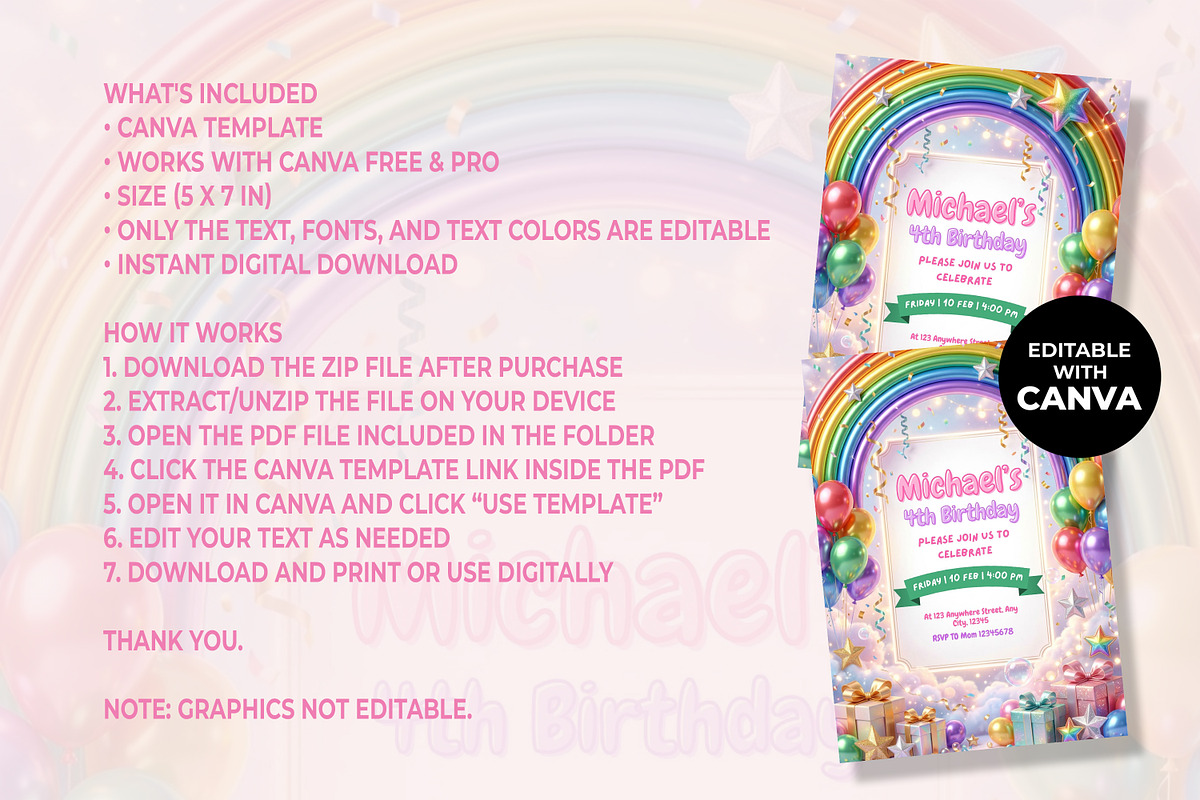 Rainbow Birthday Invitation, a Stationery Template by M9 Design (Photo 4 of 4)