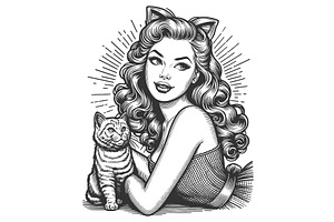 Vintage Woman With Cat Engraving