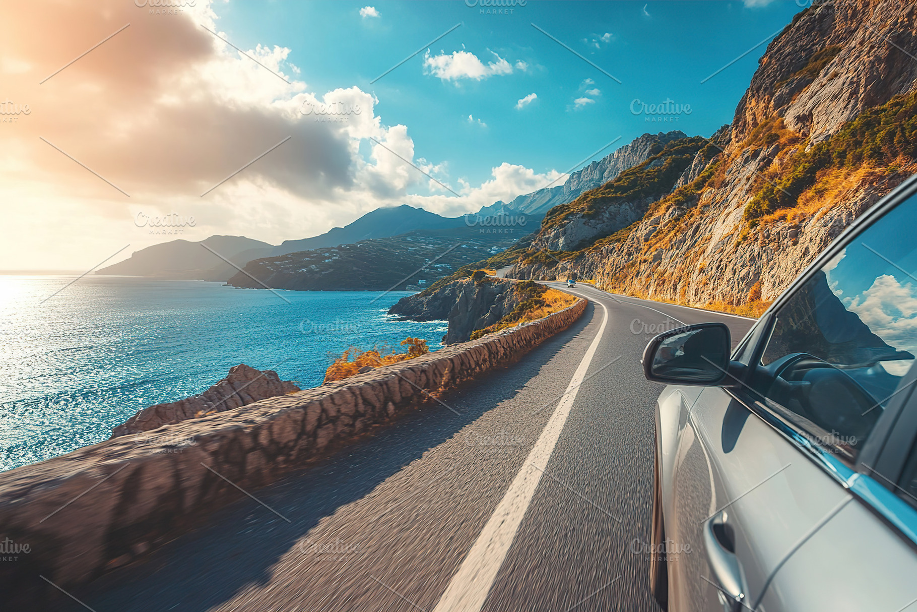 Scenic drive along a coastal road with stunning ocean views and mountains in th, a Transportation Photo by AlyaAnd