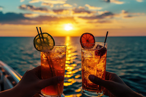 Friends relaxing on a boat at sunset, a Photo by Pavel_design