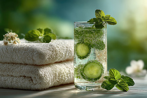 Refreshing cucumber mint sparkling water with spa towels in sere, a Beauty & Fashion Photo by José Manuel Gelpi