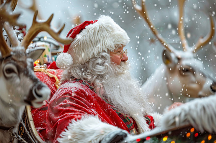 Santa Claus rides through a snow-cov, a Photo by Tanuart