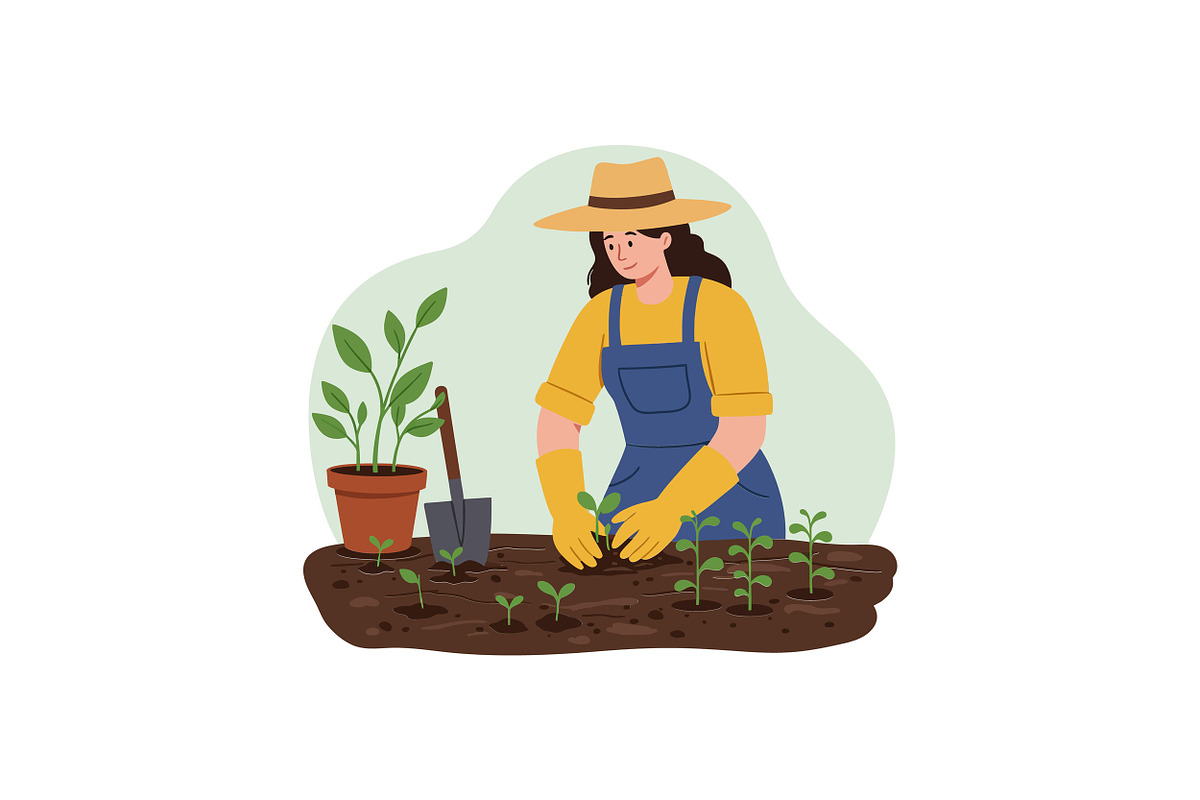 Woman gardening in a sunny setting w, an Illustration by designvectx