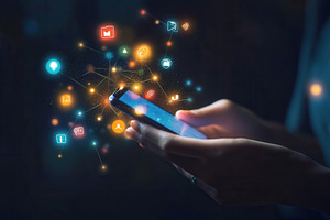 Smartphone with floating icon idea, a Photo by Pavel_design