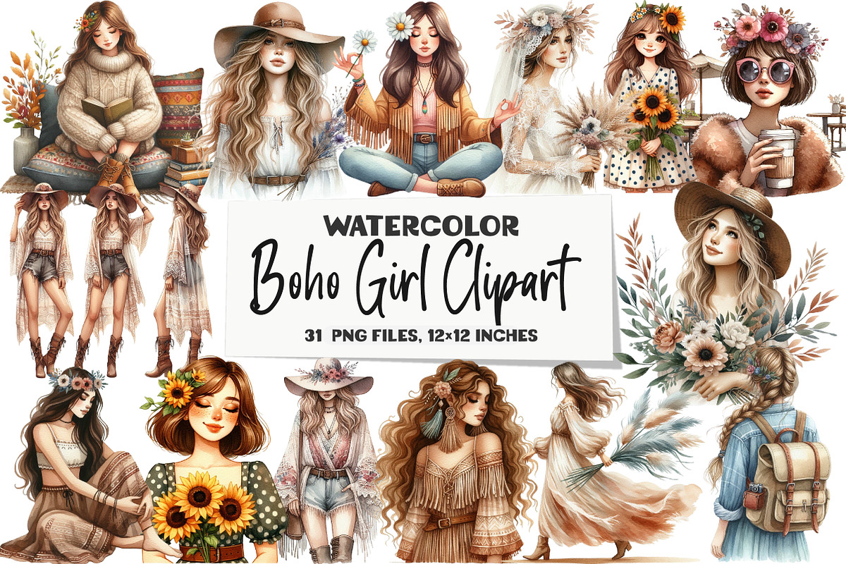 Boho Girl Clipart, an Illustration by DreamArtGraphic (Photo 1 of 5)