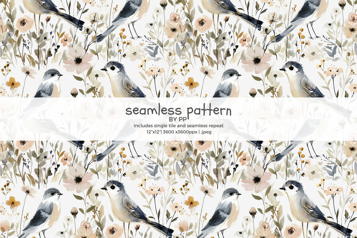 watercolor bird seamless pattern, a Pattern Graphic by Pink Studio Art (Photo 1 of 4)