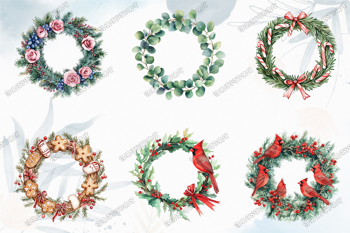 Watercolor Christmas Wreath Clipart, an Illustration by designcity5 (Photo 3 of 5)