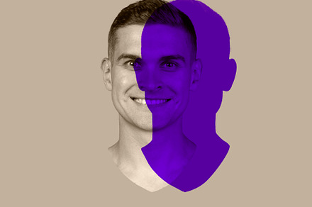 Close-up young man's face, head with colored silhouette, shadow isolated on lig, a Person Photo by Volodymyr Melnyk