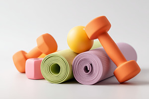 Colorful yoga mats with dumbbells and exercise ball, a Sports & Recreation Photo by AlyaAnd