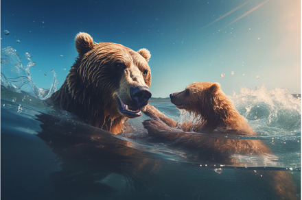 Bear family diving river. Generate, an Animal Photo by Ylivdesign