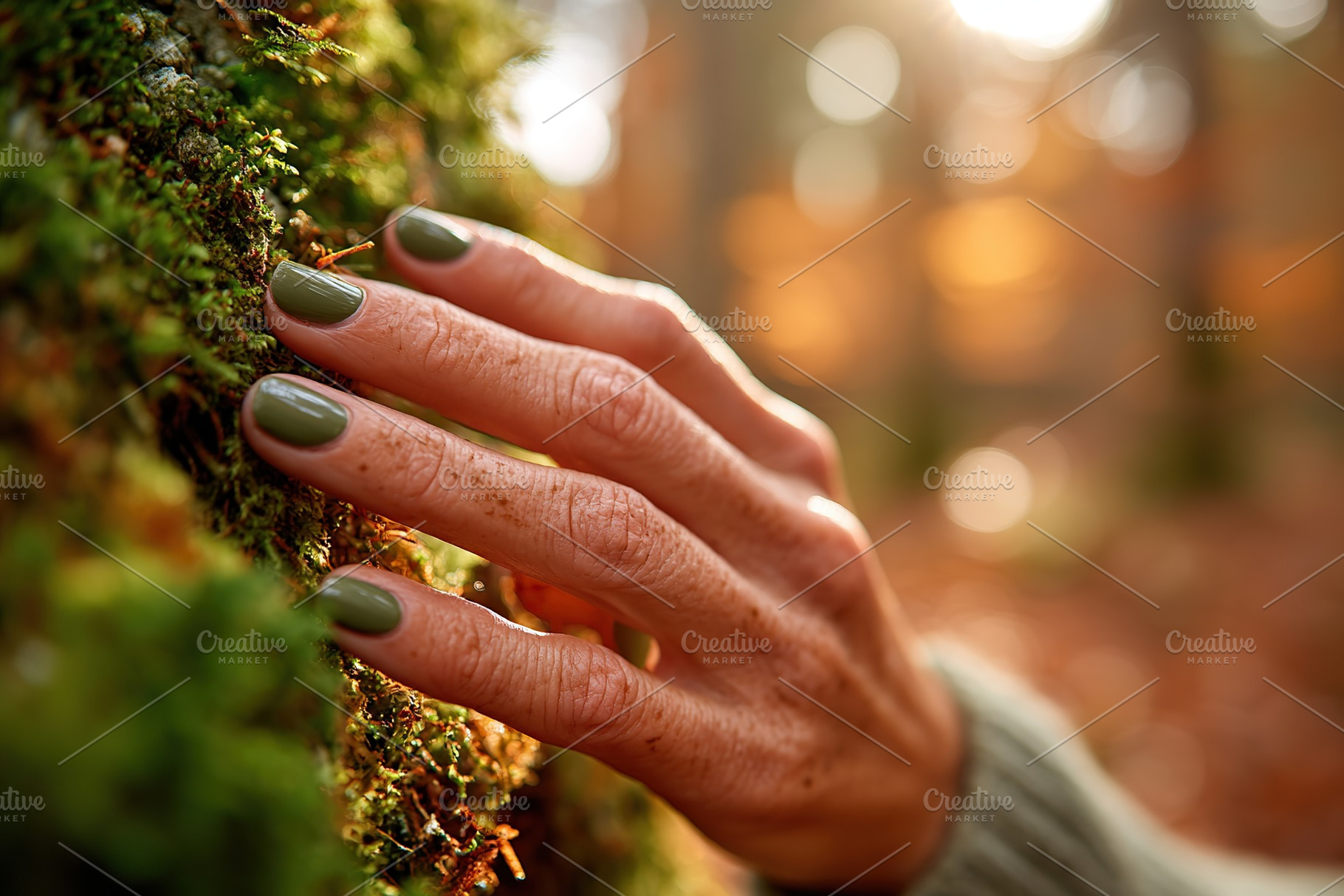 Female hand with five fingers touching moss-covered tree in a vibrant forest du, a Beauty & Fashion Photo by AlyaAnd