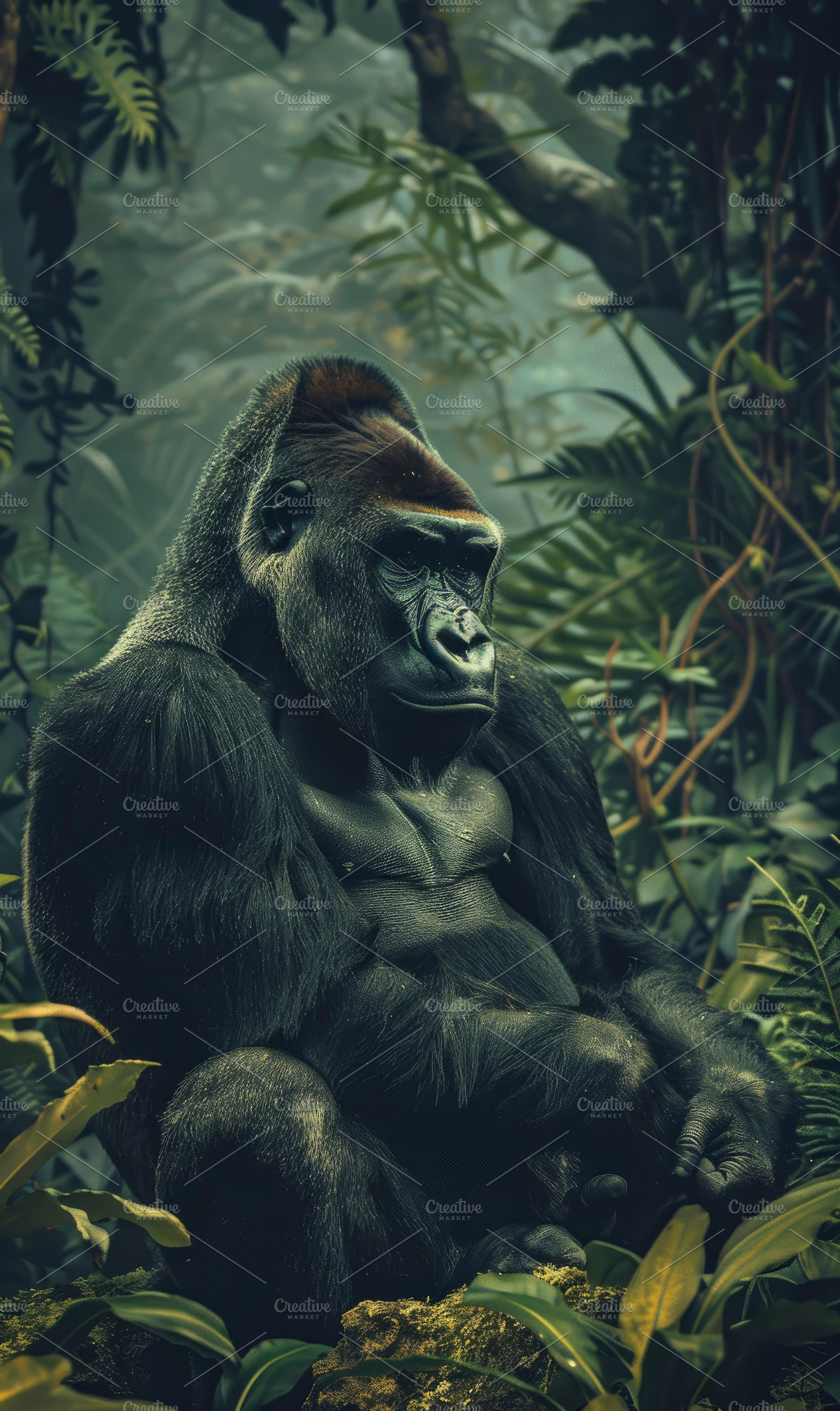 A contemplative gorilla sits among d, a Photo by LOGOCREATIVE