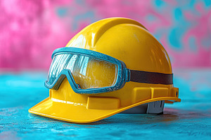Bright yellow helmet and protective goggles on vibrant blue surface, a Photo by AlyaAnd