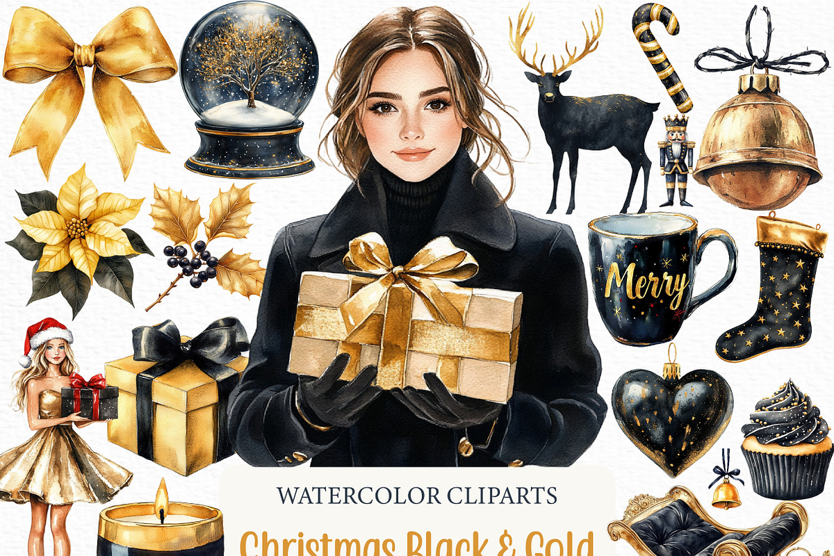 Christmas Black & Gold Clipart, an Illustration by Craft Nest (Photo 1 of 6)