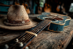 Rustic acoustic guitar and weathered cowboy hat on an aged wooden surface, a Photo by AS photostudio