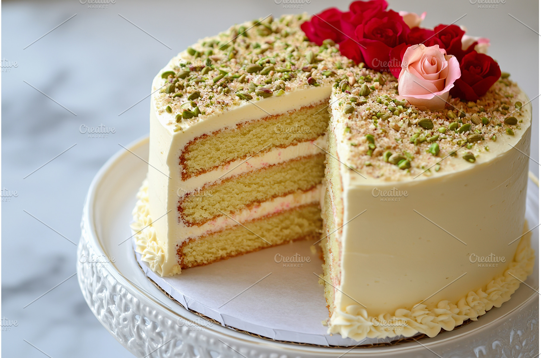 Layered pistachio cardamom rose cake, a Food & Drink Photo by Lermont51