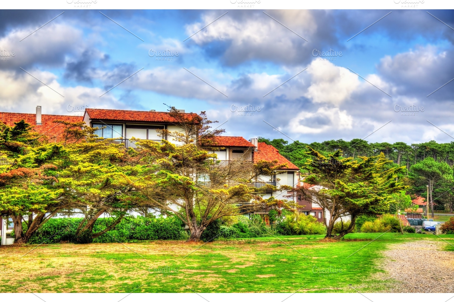 Holiday homes near the atlantic ocean in seignosse france stock photo, a Nature Photo by Leonid Andronov