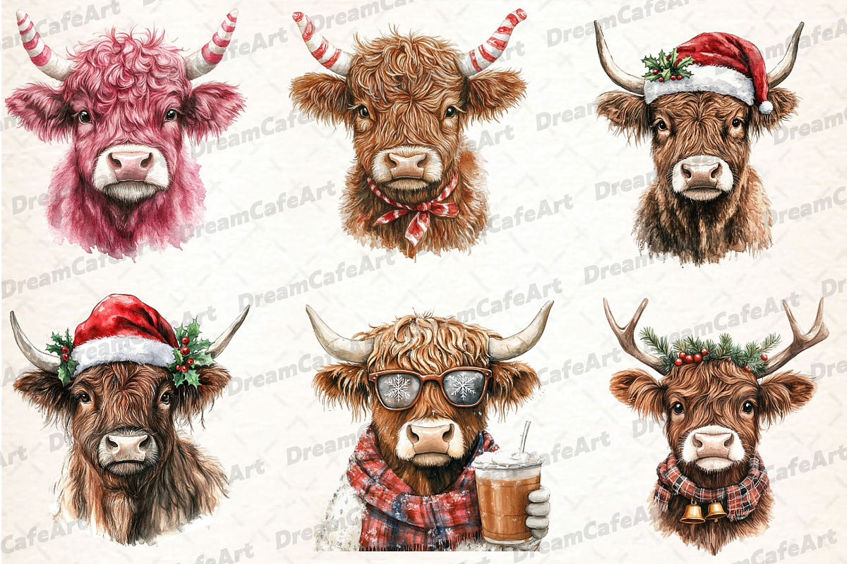 Cute Christmas Highland Cow Clipart, an Illustration by DreamCafeArt (Photo 4 of 5)