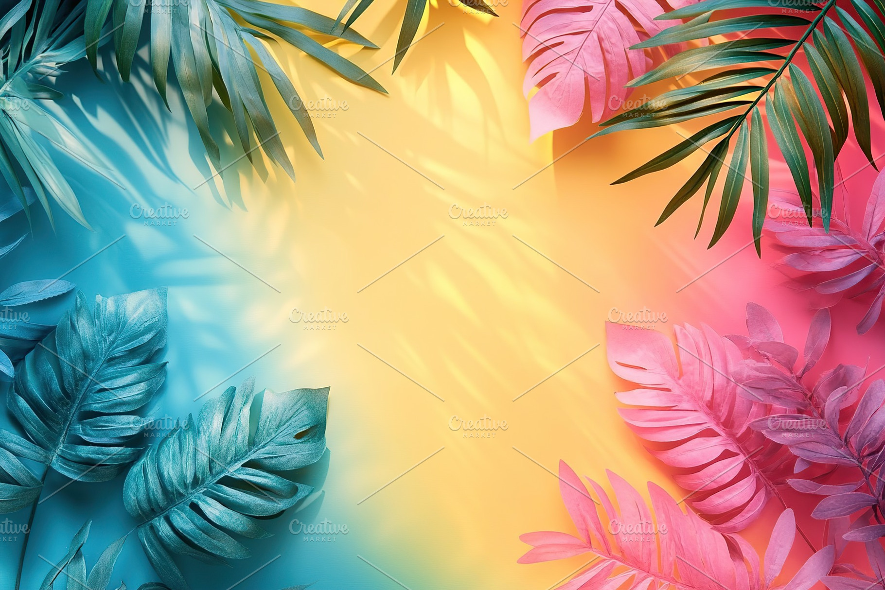 Colorful tropical foliage framing a vibrant gradient background in artistic dis, a Nature Photo by AlyaAnd