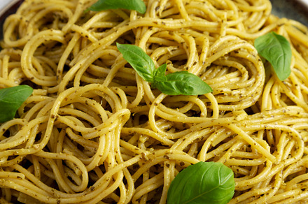 Homemade Vegan Pesto Pasta on a Plate, side view. Close-up., a Food & Drink Photo by LiudmylaChuhunova