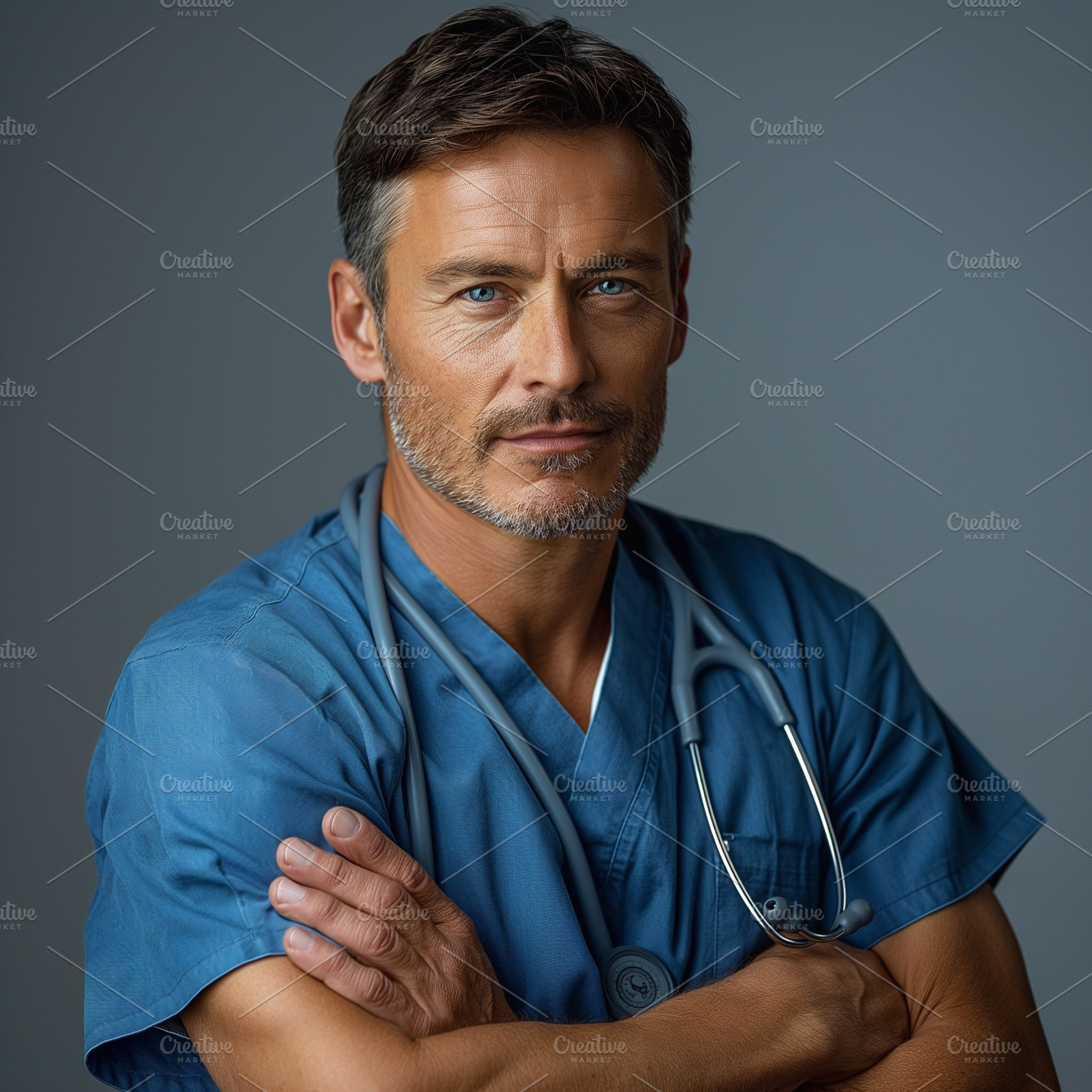 A male healthcare professional in scrubs, exuding confidence and compassion, re, a Person Photo by ImageMir