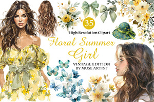 Watercolor Floral Summer Girl, an Illustration by DreamArtGraphic