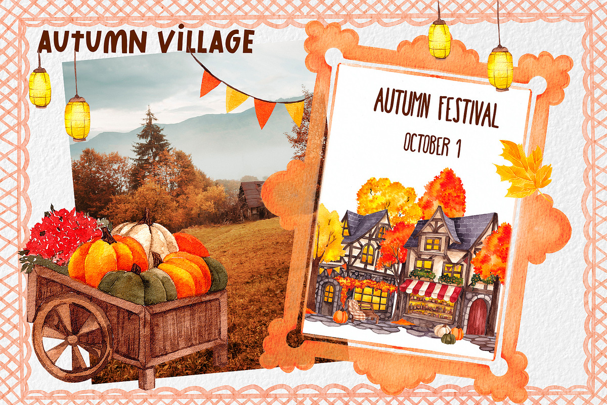 Autumn Village. Hand draw watercolor, an Object Illustration by ma_i_vi (Photo 9 of 9)